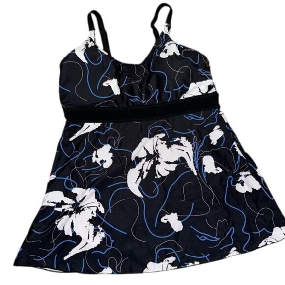 Black & White Floral Print Tankini Top XL Adjustable Straps Swimwear - Picture 1 of 6
